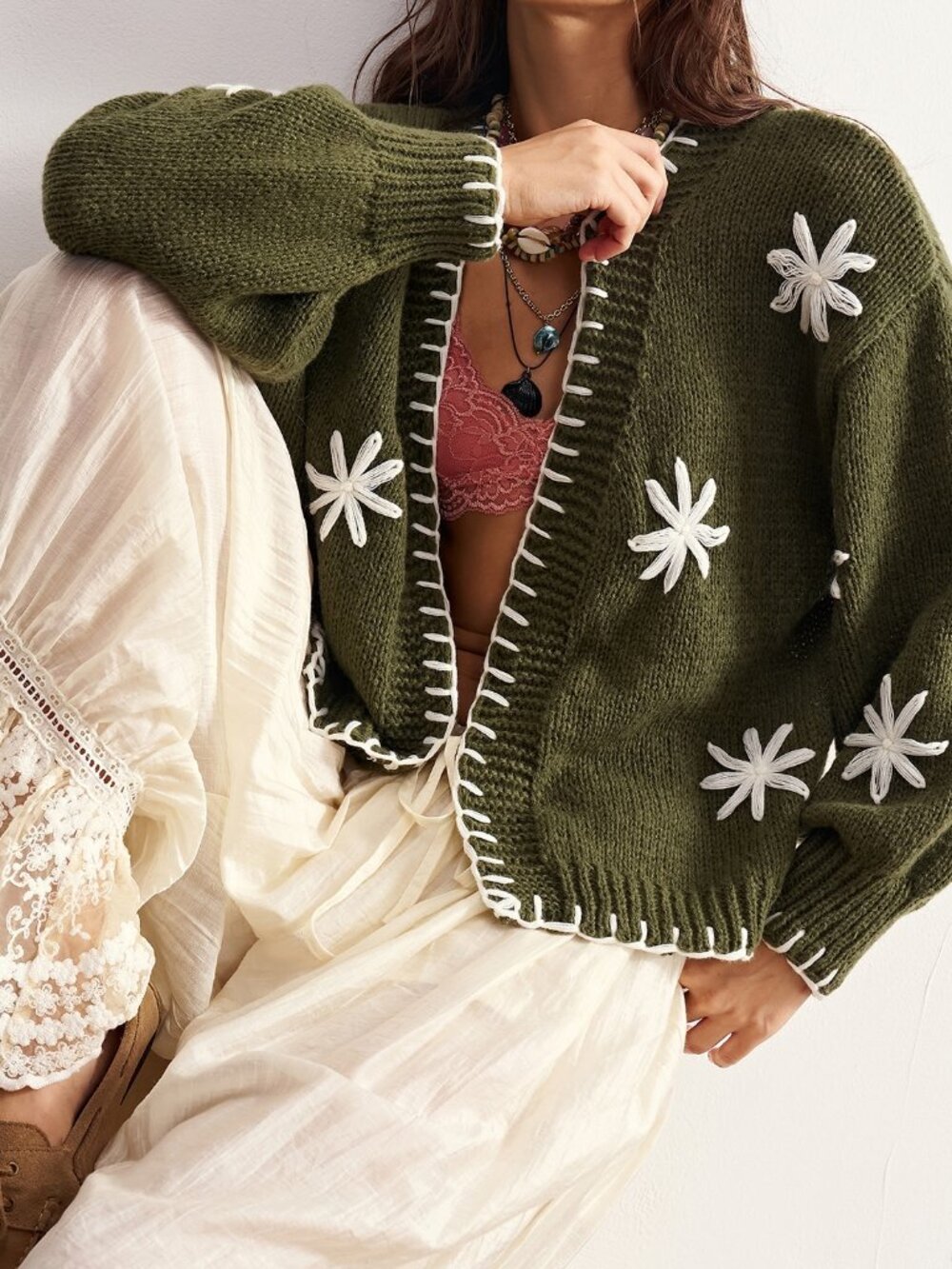 Green Casual Women's Floral Embroidered Pattern Cardigan - Picture 5 of 9